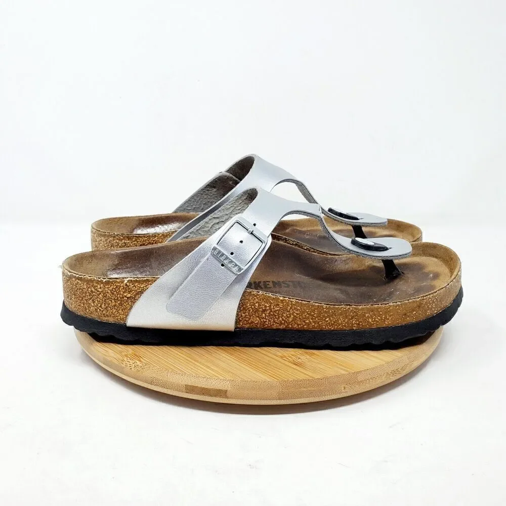 Birkenstock Gizeh Sandals 38‎ Womens 7 Silver Thong Buckle Strap Cracked Straps